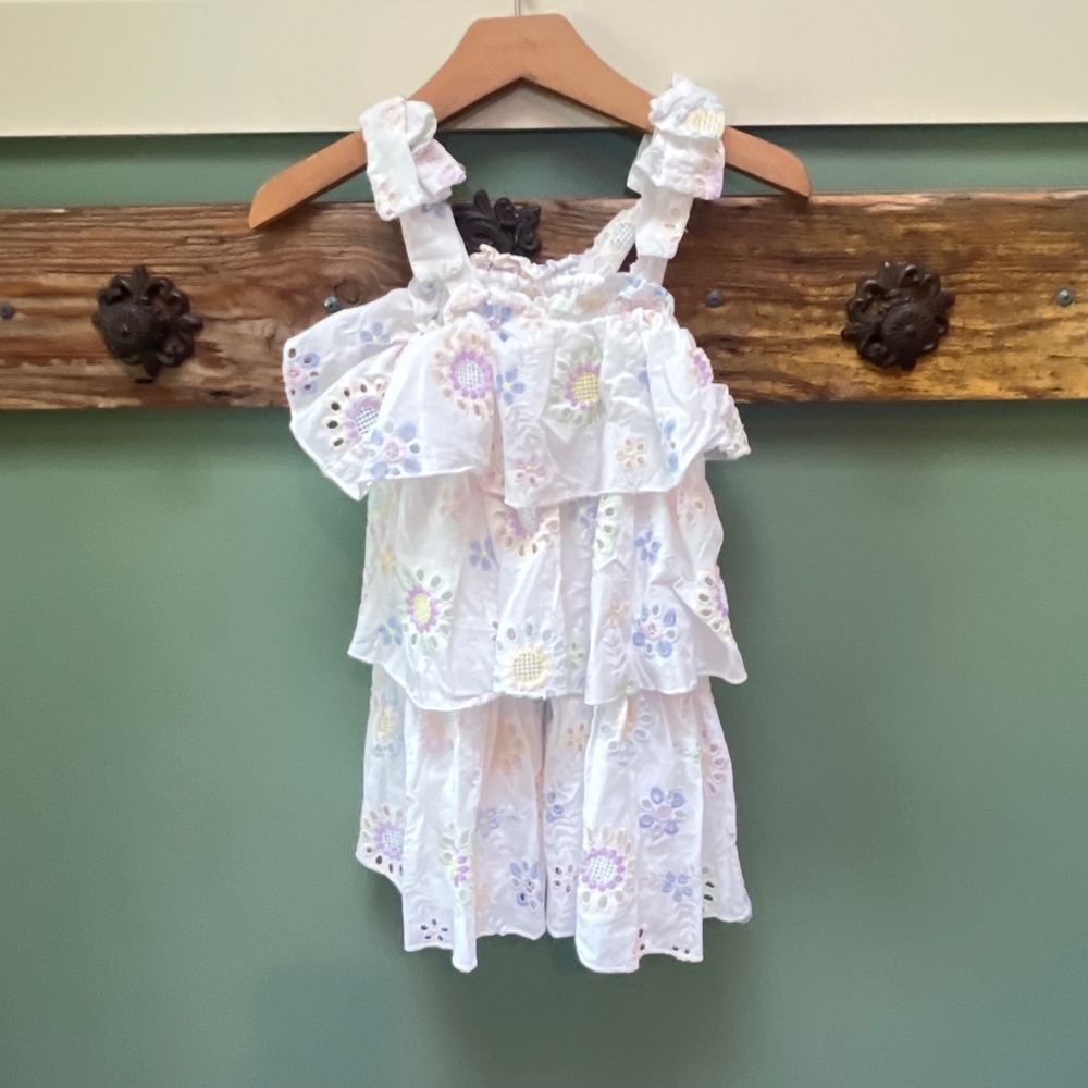 Truly Me by Sara Sara Girls White Floral Eyelet Tiered Ruffle Dress Size S